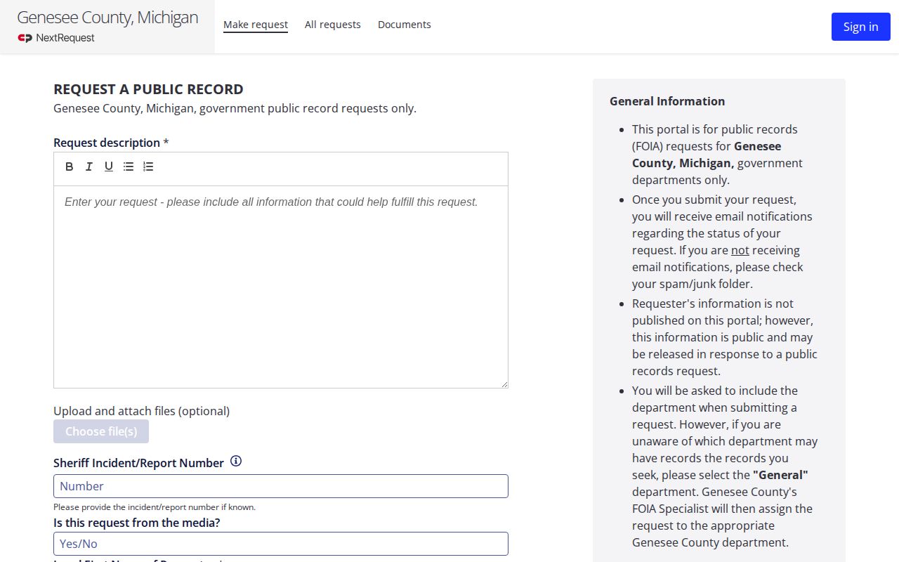 Genesee County FOIA request form for booking and arrest records