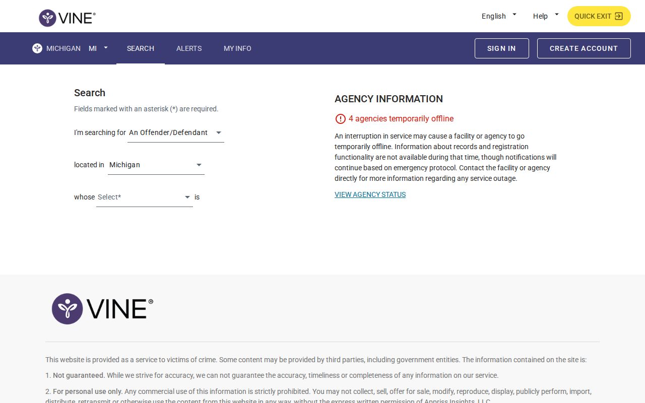 Michigan MI-VINE current custody search interface for Genesee County records
