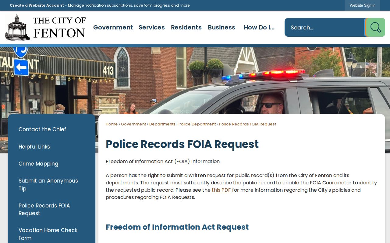 Fenton Police records and FOIA request page