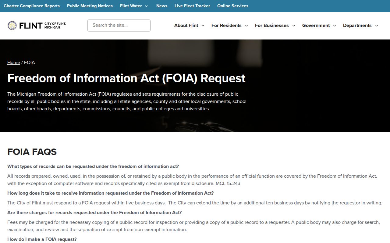 City of Flint official FOIA webpage